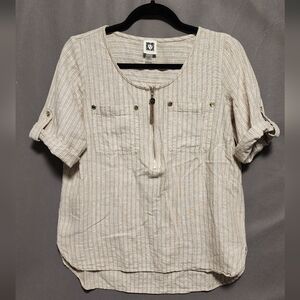 Anne Klein Women’s Beige Linen‑Blend Roll‑Tab Tunic Blouse With Gold Accents